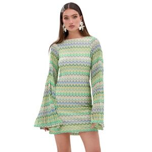 Akira Women Green Chevron Crochet Bell Sleeve Open Back Mini Dress Size M